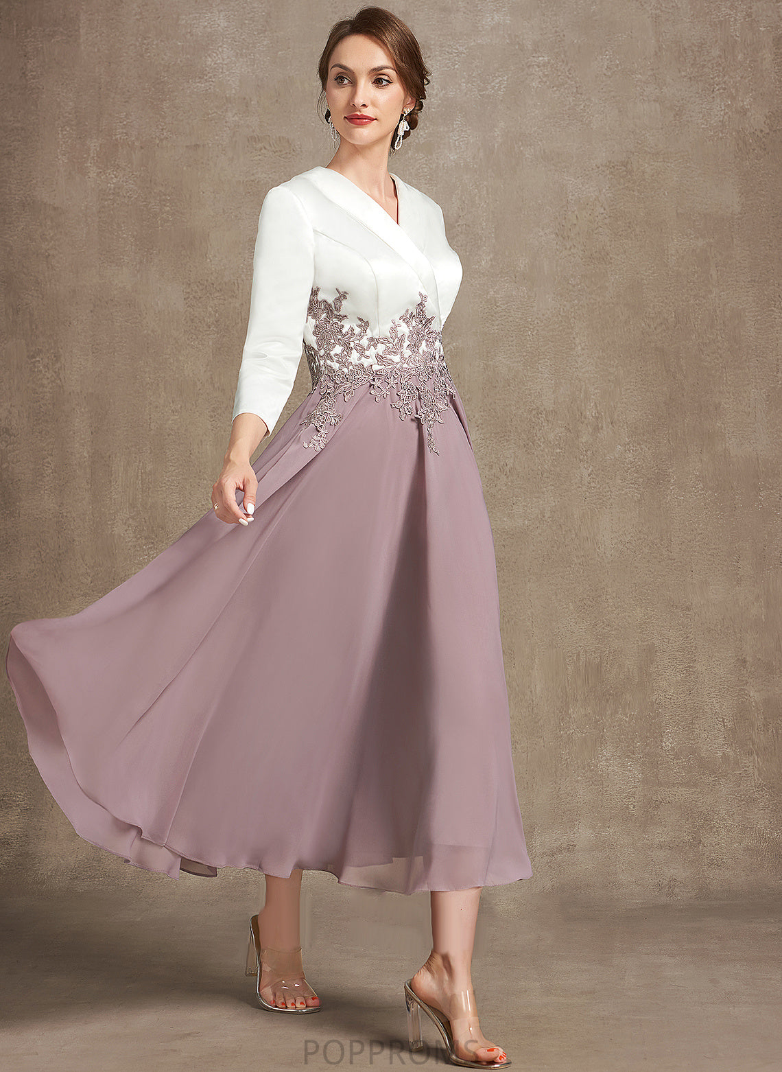 V-neck Satin Dress Cocktail Dresses A-Line Lace Cocktail Caitlyn Tea-Length Chiffon