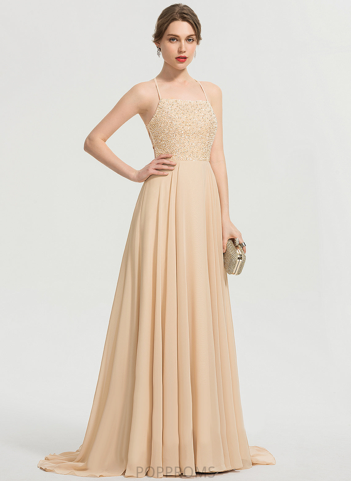 Train Square Sequins Chiffon A-Line Sweep Ali With Beading Prom Dresses