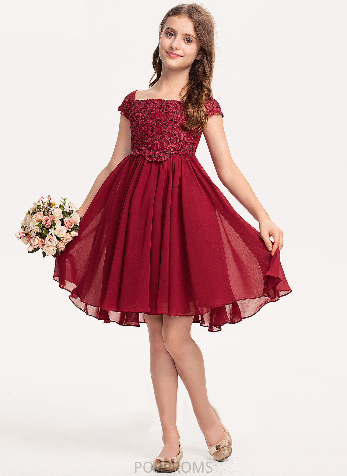 Short Square Girl Michelle Flower Flower Girl Dresses A-Line Knee-length Chiffon - Sleeves Neckline Dress