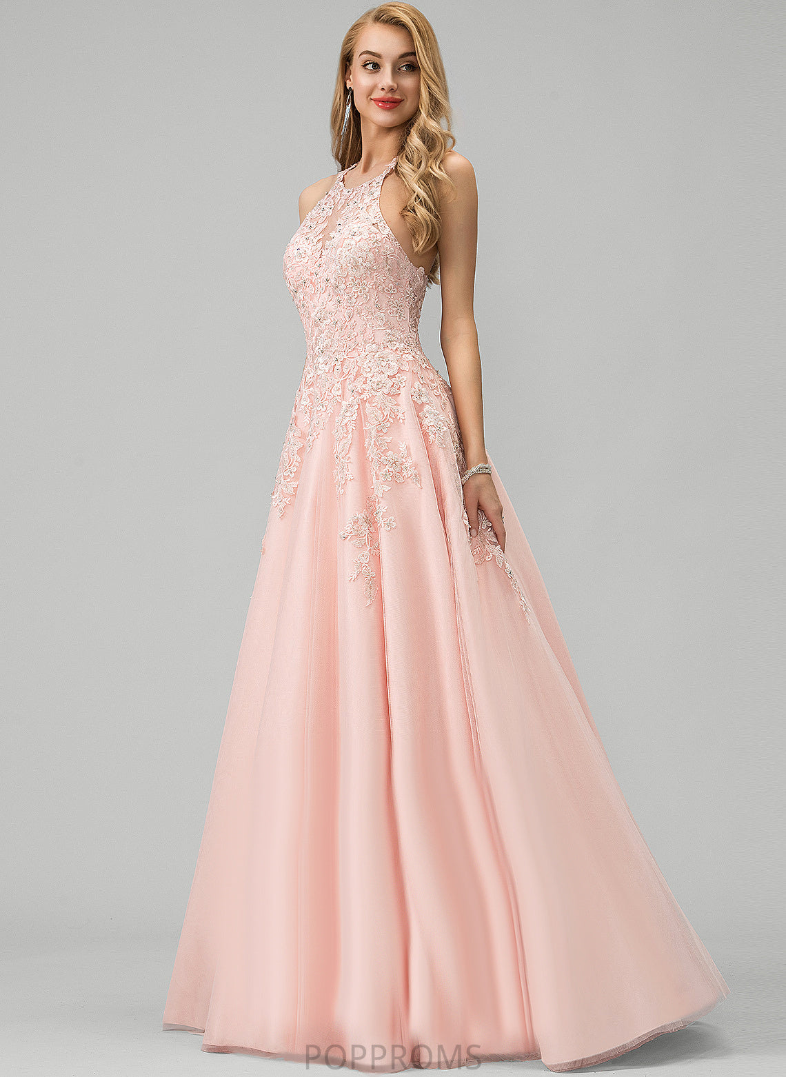 With Sequins Ball-Gown/Princess Beading Elaina Floor-Length Scoop Tulle Prom Dresses