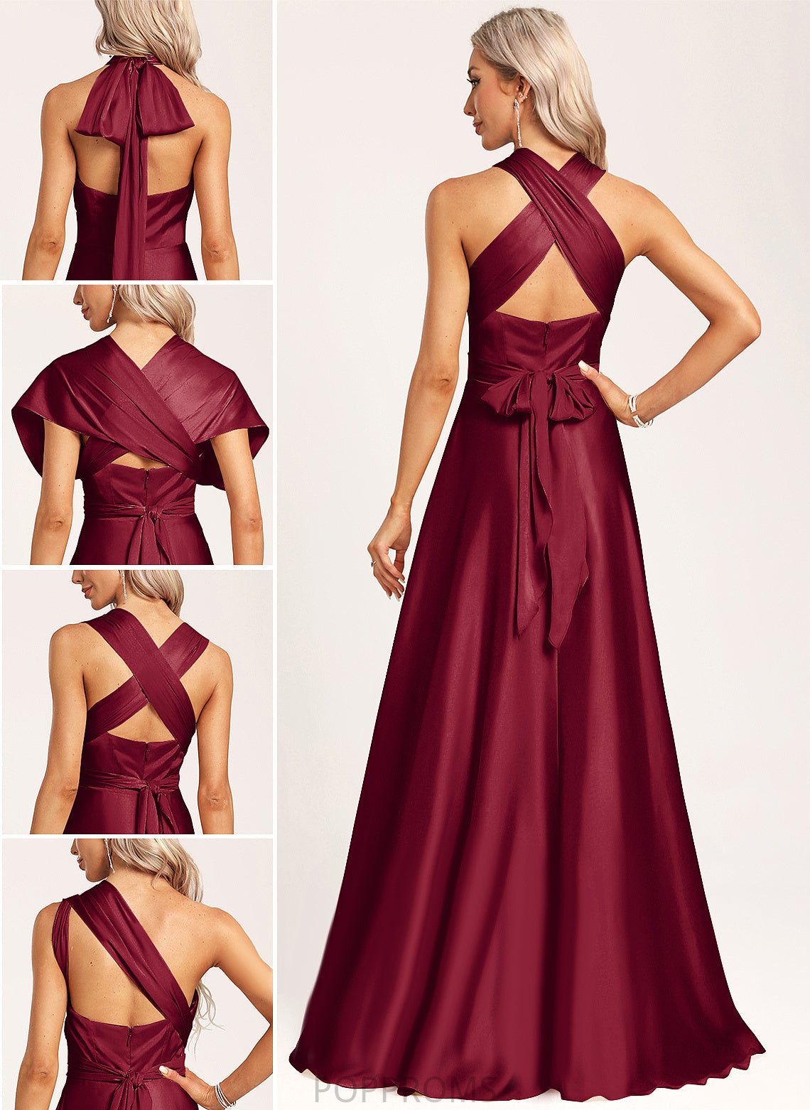 V-neck A-Line Satin One-Shoulder Length Silhouette Straps&Sleeves Halter Floor-Length Fabric Neckline Janelle Bridesmaid Dresses