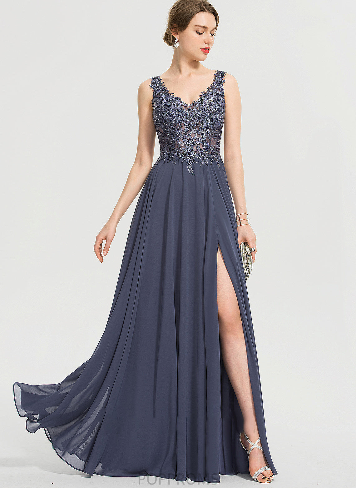 Chiffon Prom Dresses Split Sequins V-neck A-Line Malia With Front Floor-Length Beading