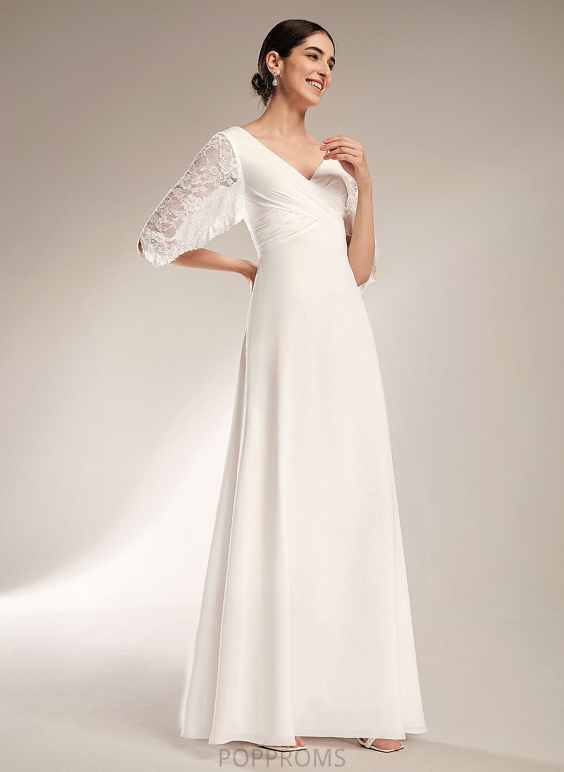 Sheath/Column Chiffon V-neck Floor-Length Akira Lace Wedding Dress Wedding Dresses