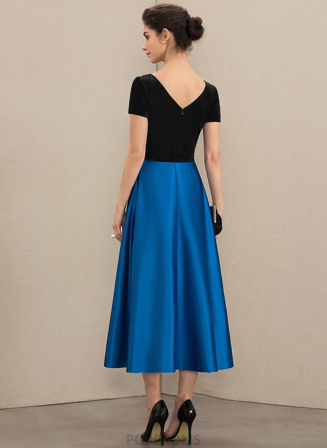 Tea-Length Pockets Carly Scoop Dress the Neck Bride Velvet With Satin Mother of A-Line Mother of the Bride Dresses