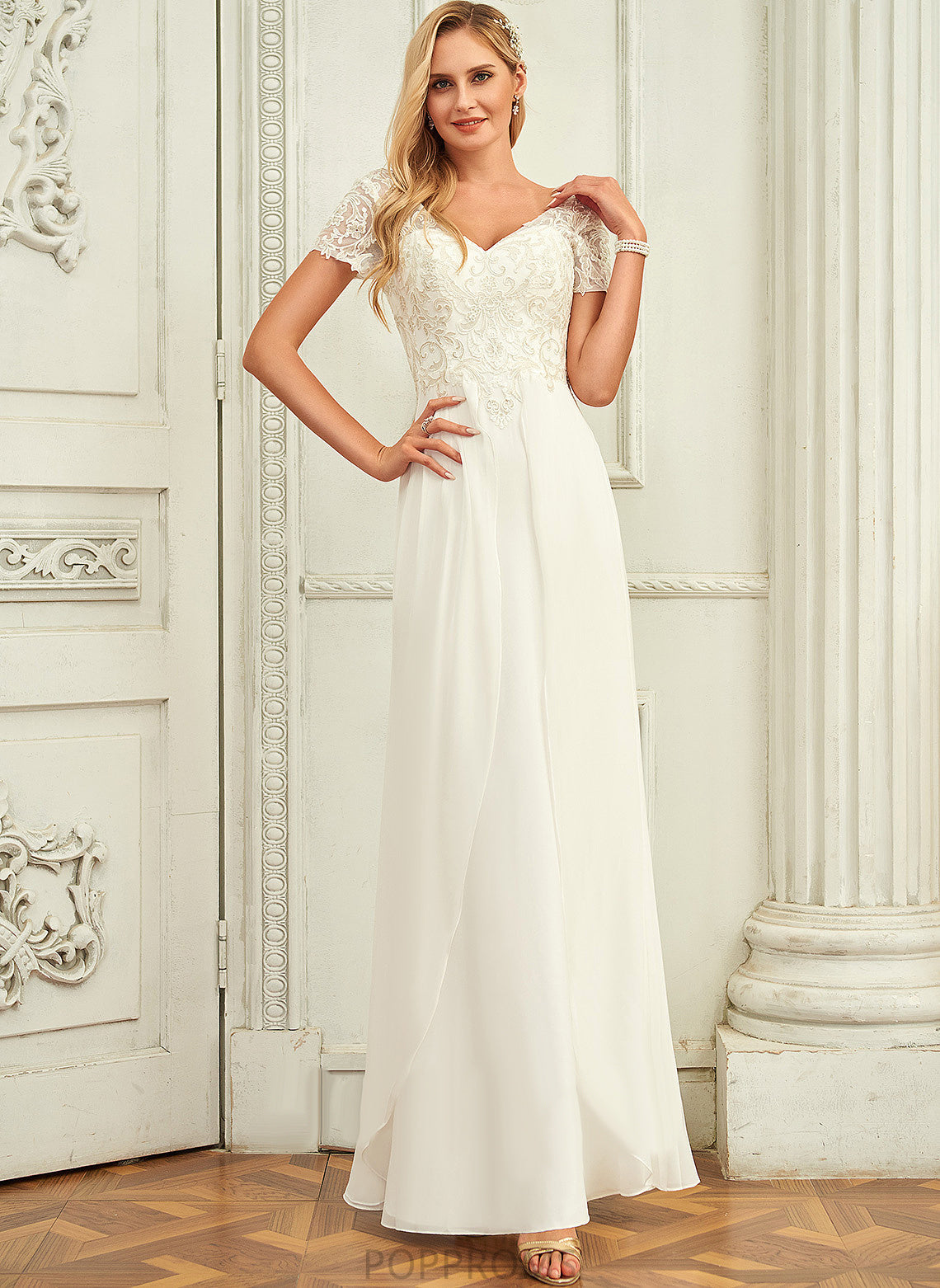 Wedding Grace Chiffon V-neck Wedding Dresses A-Line Dress Floor-Length