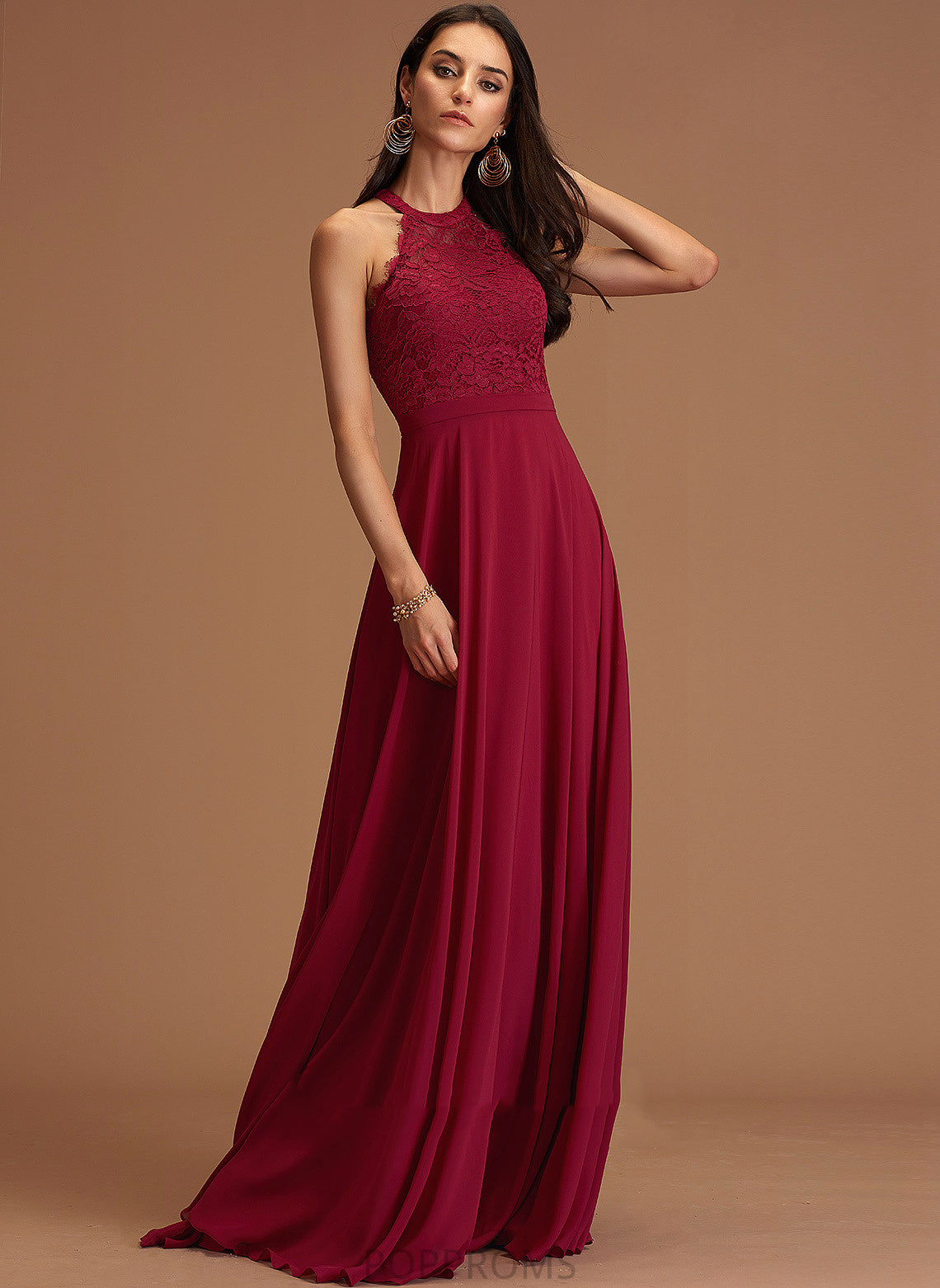 Scoop A-Line Chiffon Lace Floor-Length Prom Dresses Elsa