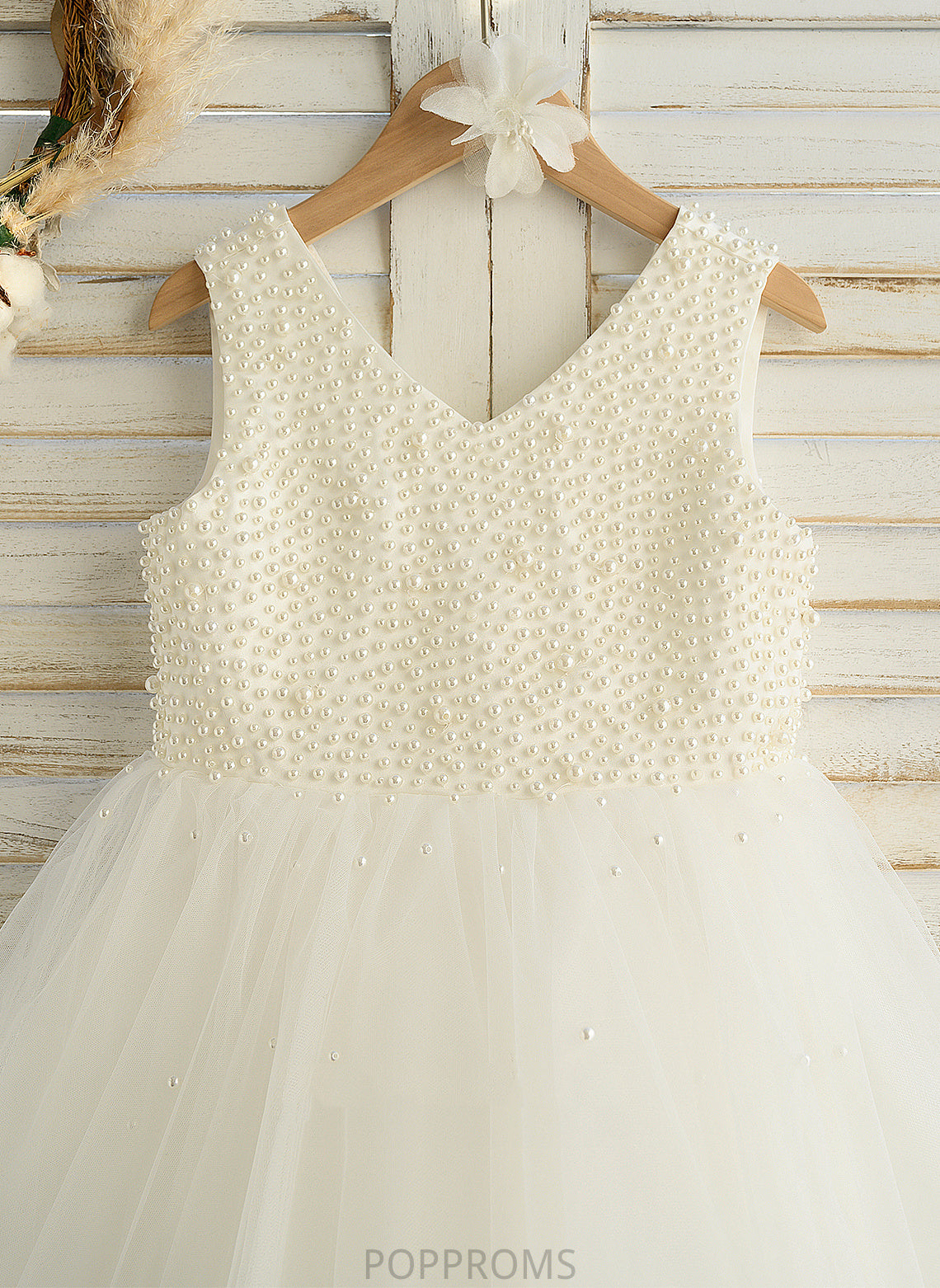 - With Flower Girl Dresses Knee-length Pearl V-neck Dress Satin/Tulle Flower Sleeveless Beading A-Line Girl