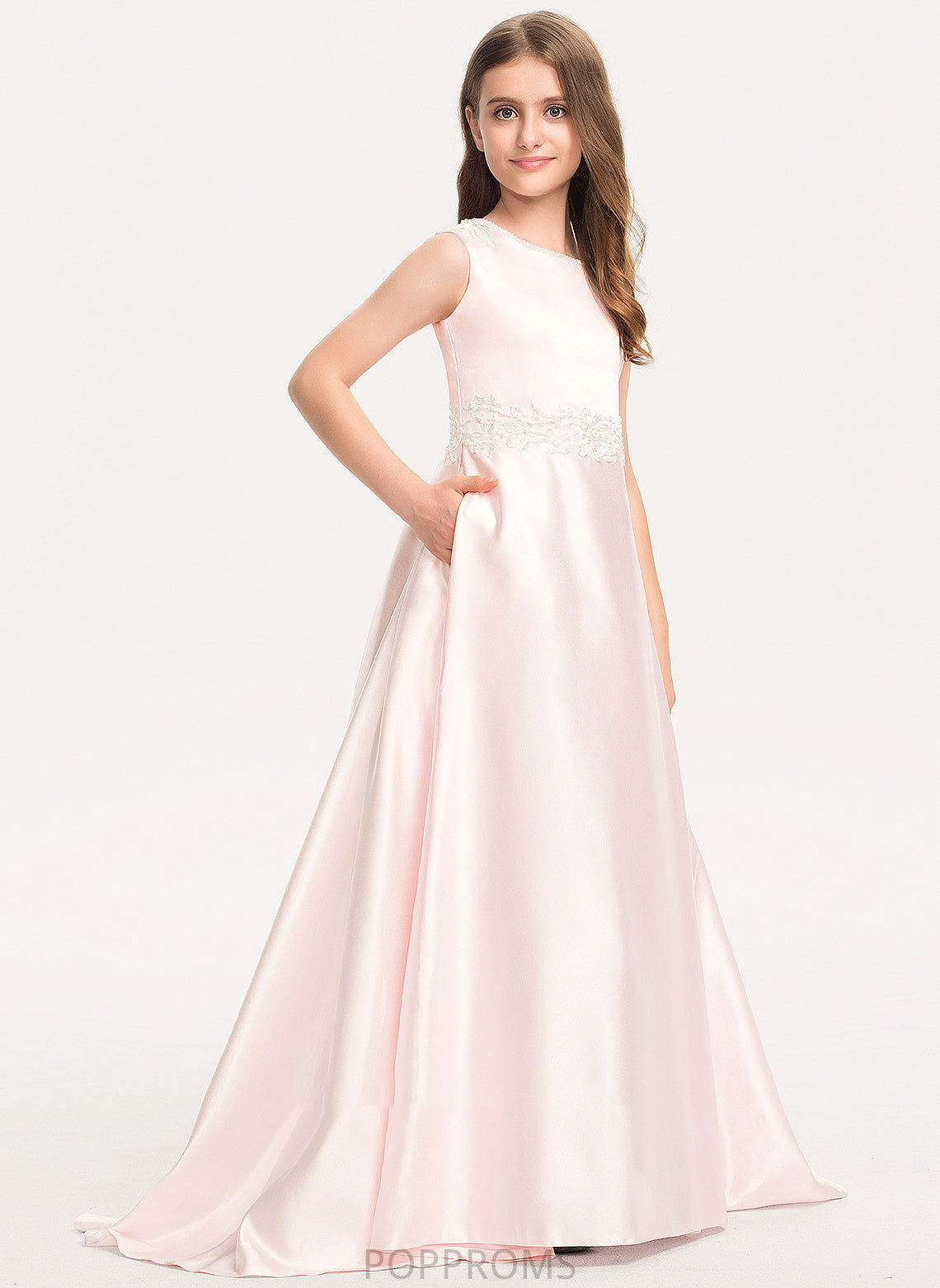 With Train A-Line Bow(s) Sweep Lace Maia Pockets Satin Junior Bridesmaid Dresses Scoop Neck