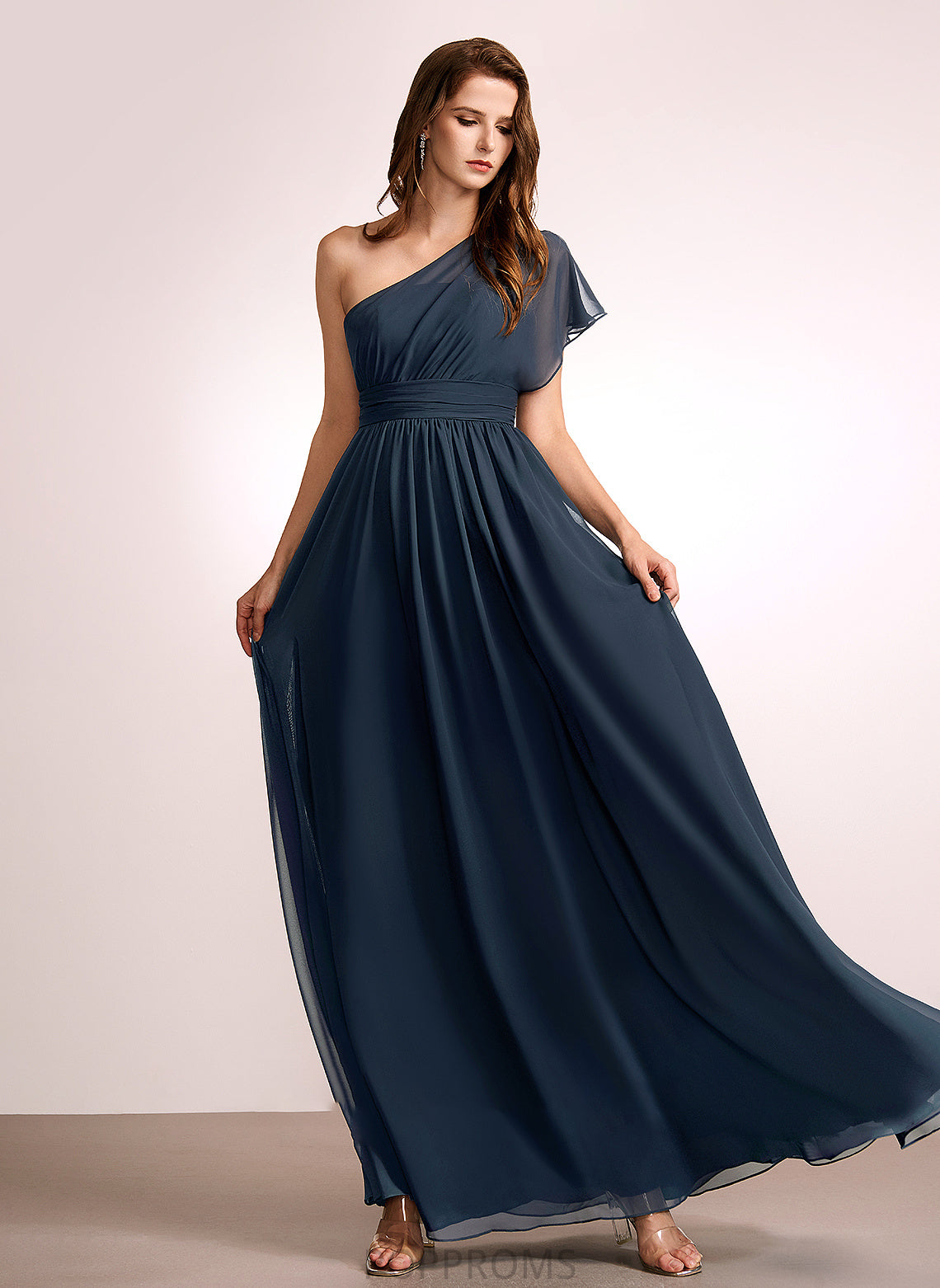 Ruffle Silhouette Length A-Line Embellishment One-Shoulder Fabric Neckline Floor-Length Mary Sleeveless Straps Bridesmaid Dresses