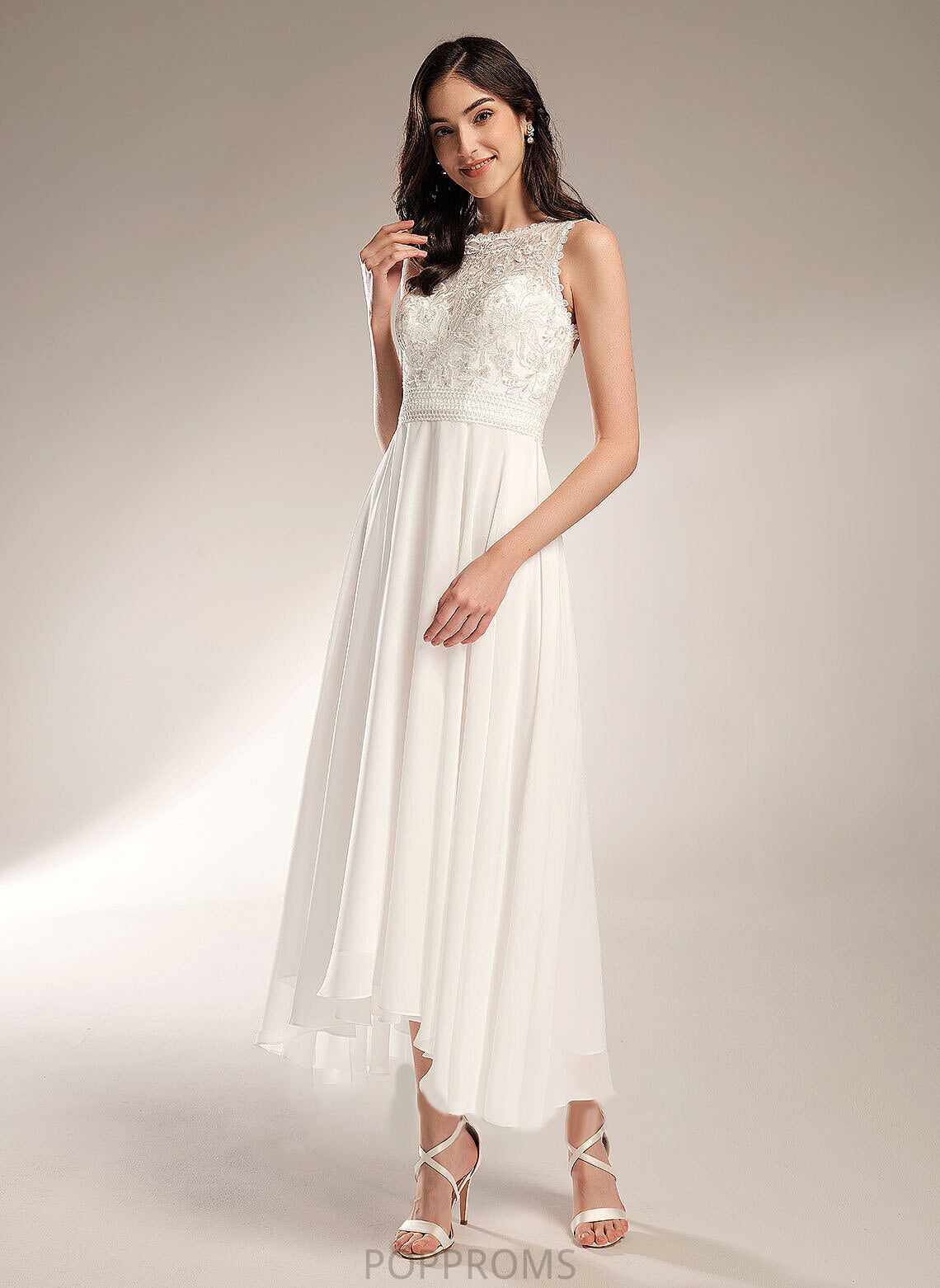 Neck Scoop Asymmetrical Chiffon Wedding Dresses Dominique Lace Wedding A-Line Dress