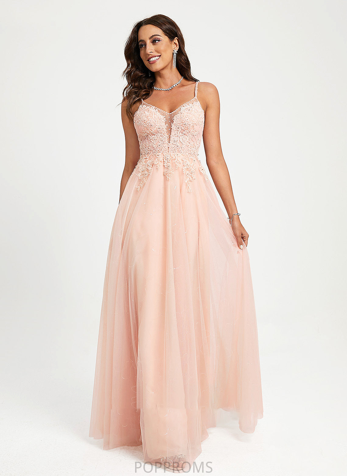 Floor-Length Ball-Gown/Princess Amari Sequins V-neck With Prom Dresses Lace Beading Tulle