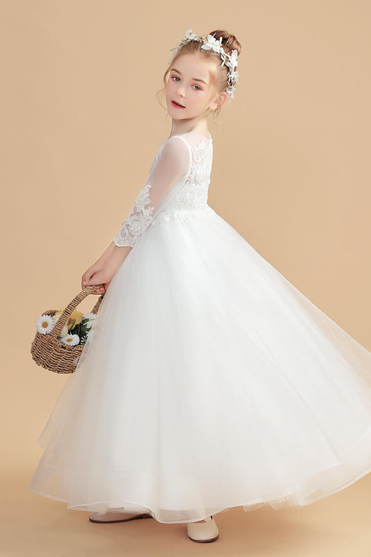 Elegant Long Sleeves Ivory Tulle Flower Girl Dresses With Lace