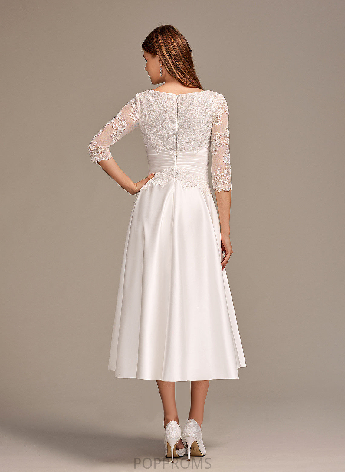 Dress Scoop Satin Ingrid With Wedding Dresses Tea-Length Lace Wedding A-Line Neck Pockets