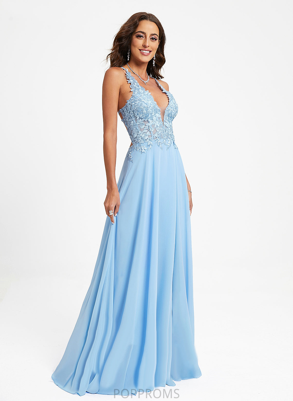 A-Line Floor-Length Adalynn V-neck Chiffon Lace Prom Dresses