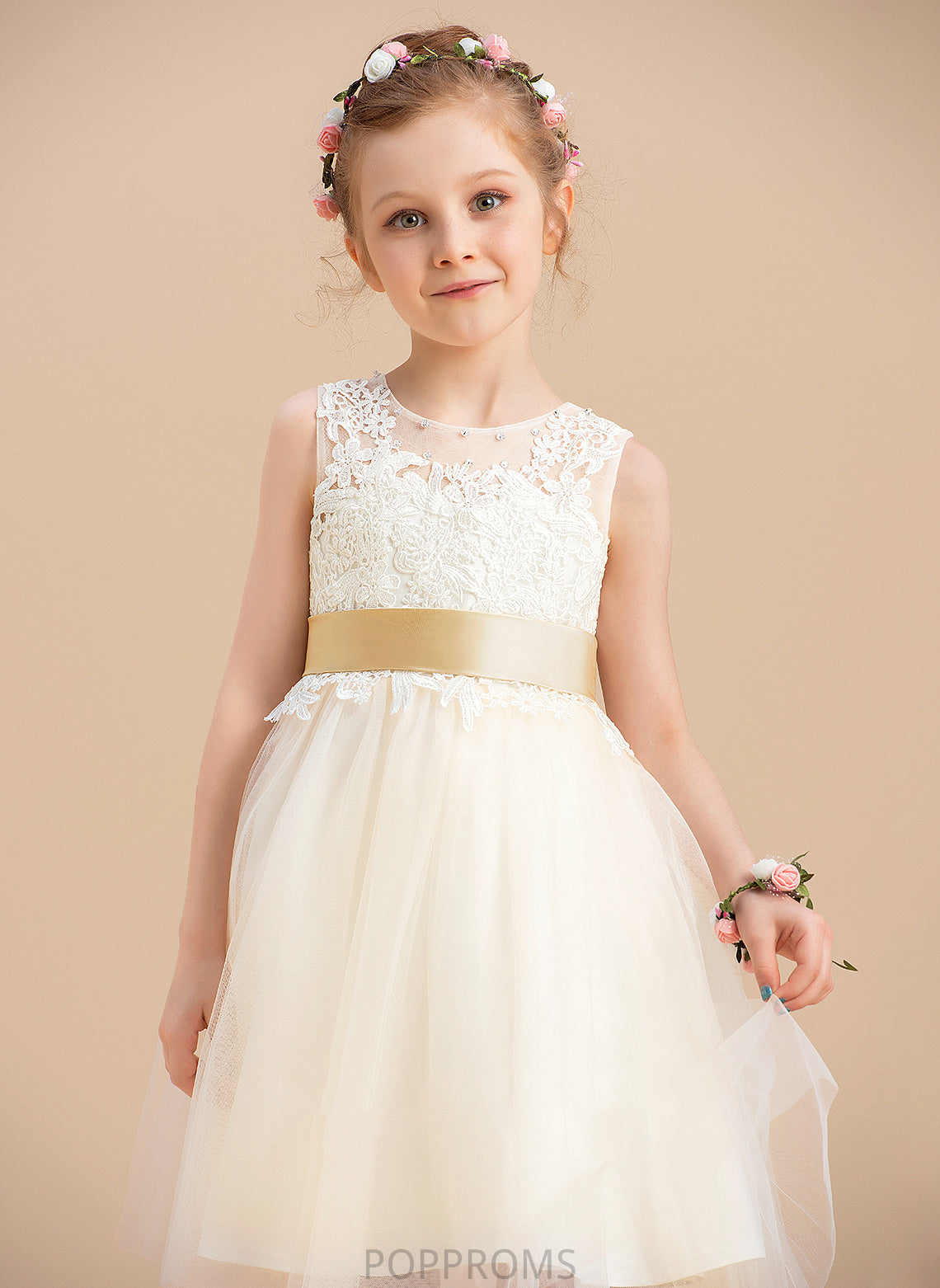 sash) Neck With Girl Flower Girl Dresses Sleeveless Flower (Detachable - Scoop A-Line Knee-length Sash/Beading/Back Hole Jazmyn Tulle/Lace Dress