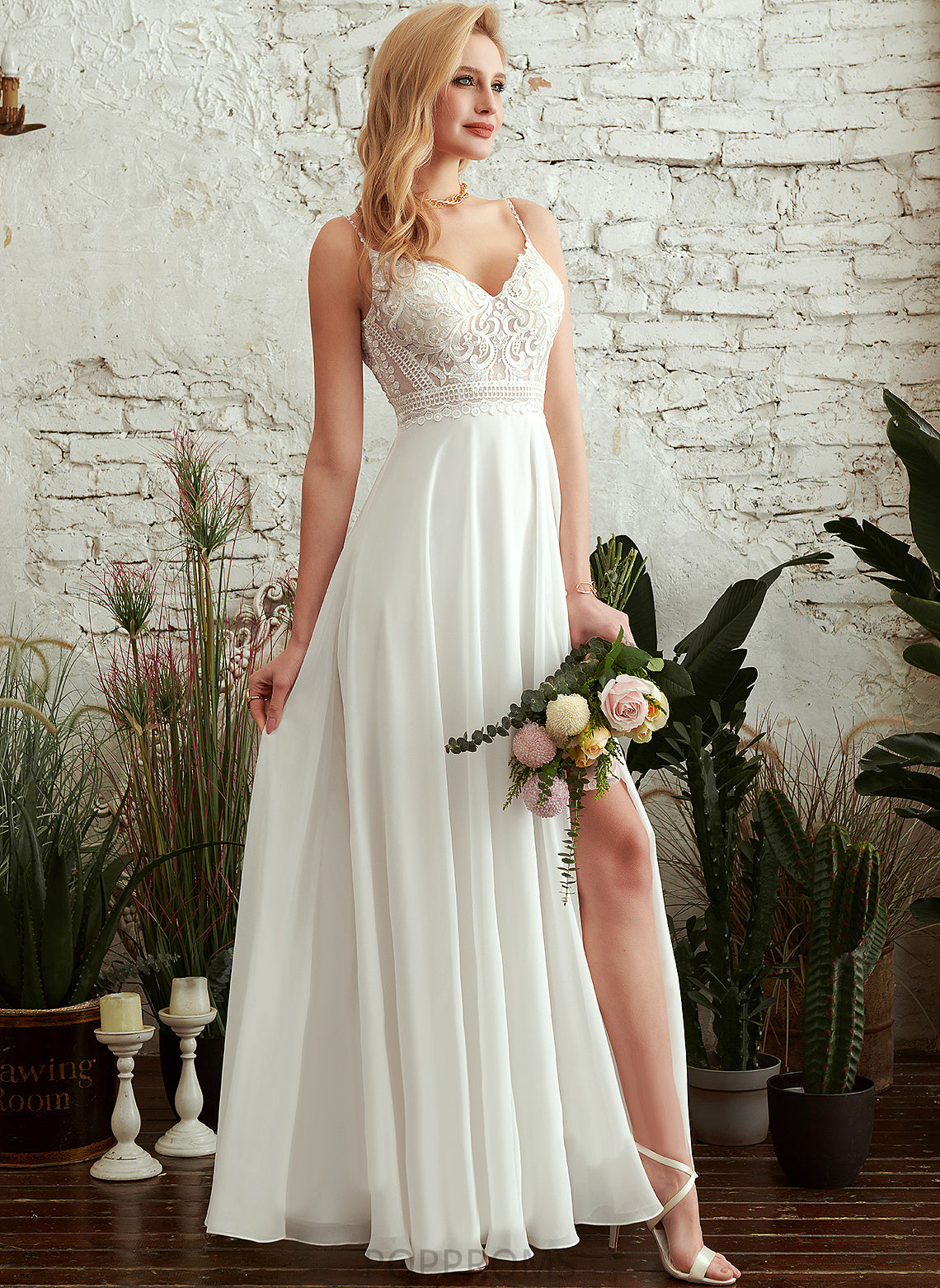 Pauline Lace Dress A-Line Wedding Dresses V-neck Floor-Length Chiffon Wedding