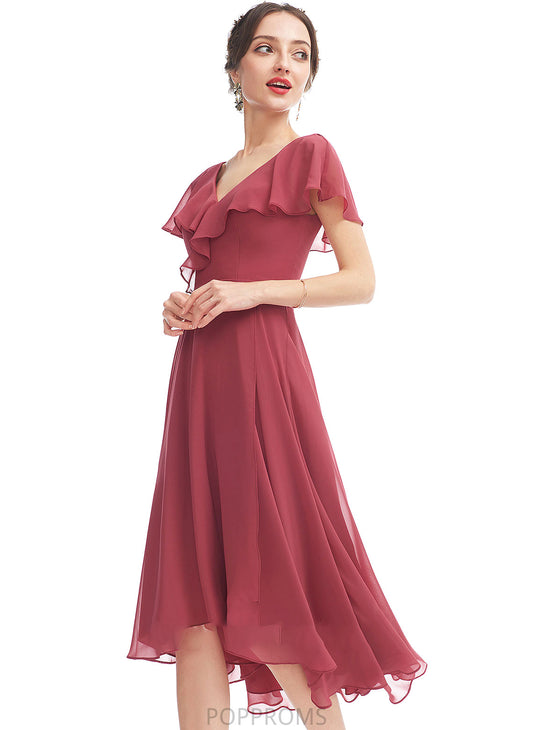 Ruffle Asymmetrical Silhouette V-neck Neckline Fabric A-Line Embellishment Length Jo Sleeveless Spaghetti Staps Bridesmaid Dresses