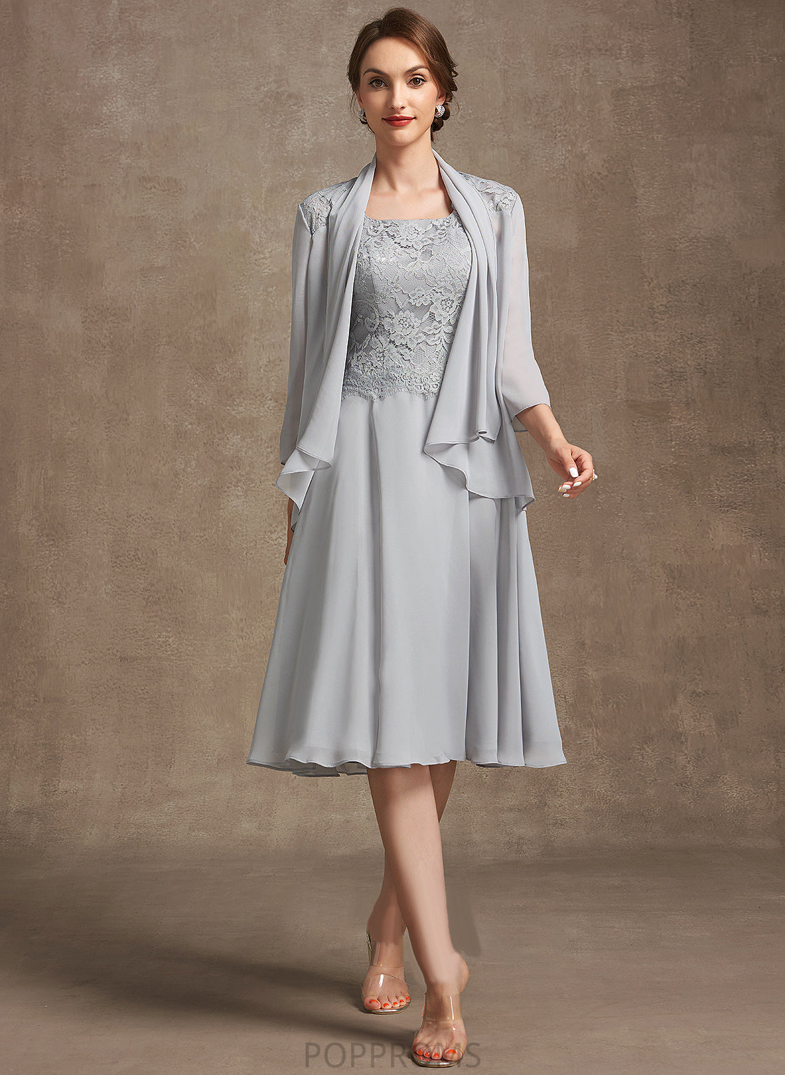 Neckline Dress the Square Knee-Length Caroline Bride of A-Line Chiffon Lace Mother of the Bride Dresses Mother