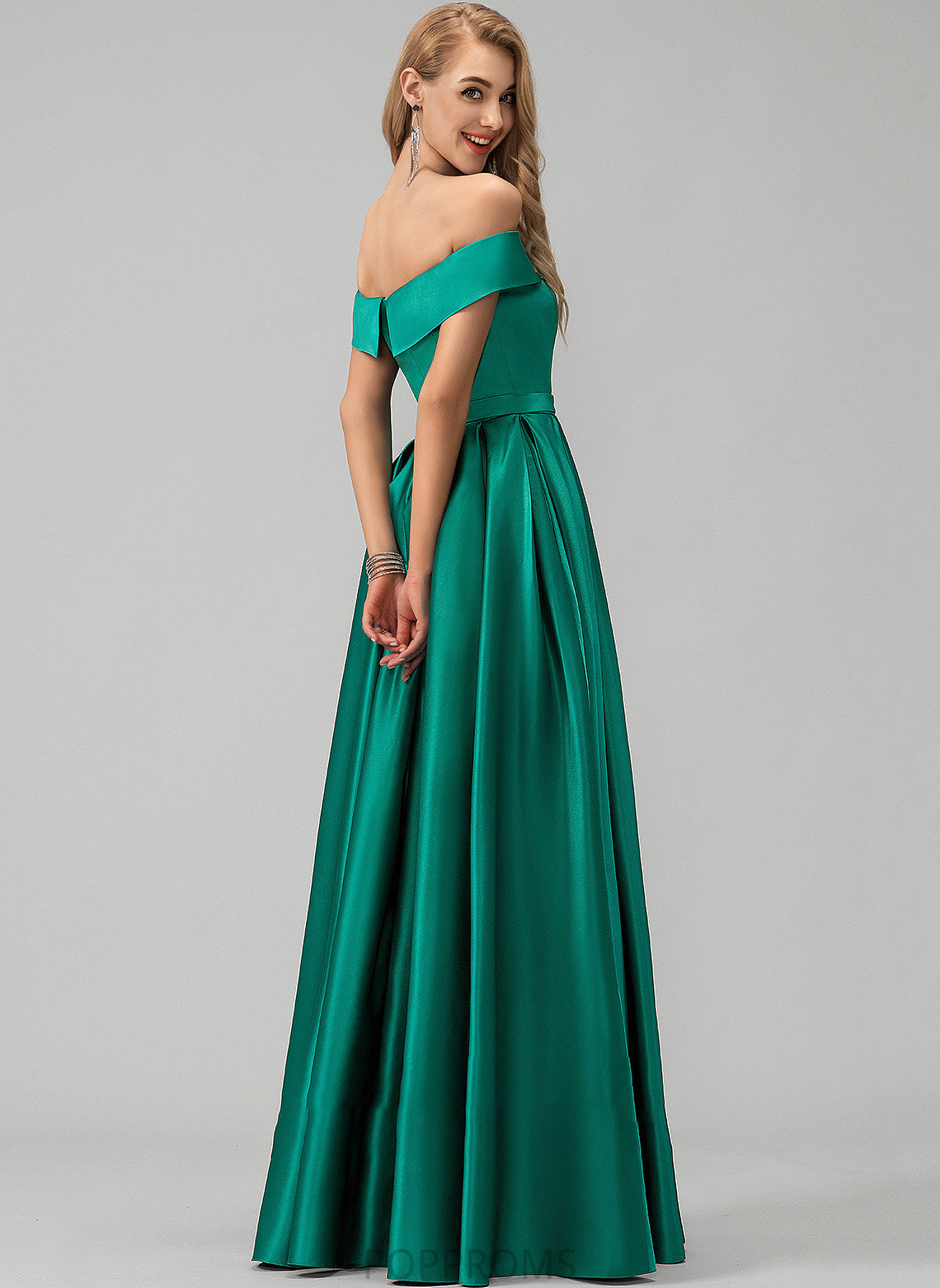 Pockets Off-the-Shoulder Embellishment Floor-Length Satin Straps Fabric Length SplitFront Neckline Abigail Sleeveless Bridesmaid Dresses