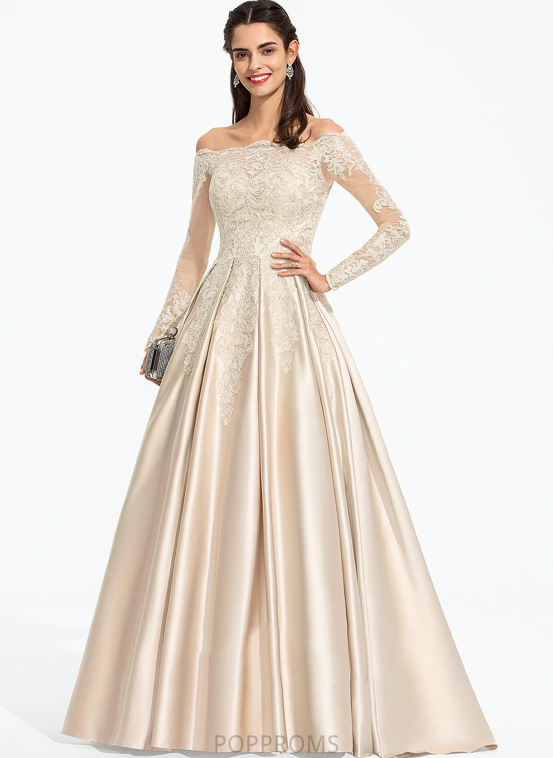 Ball-Gown/Princess Off-the-Shoulder Sweep Prom Dresses Sequins Kiera Lace With Train Satin