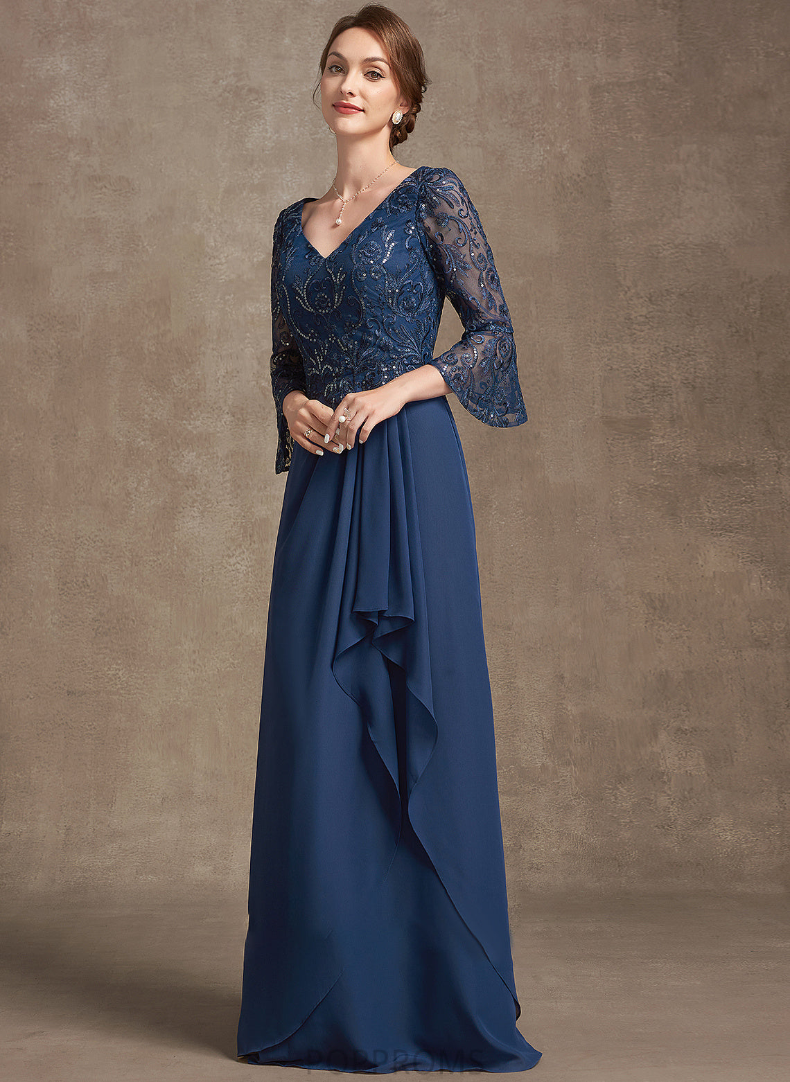 Chiffon A-Line V-neck Mother of the Bride Dresses Janice Cascading With Sequins Ruffles of Mother Bride Lace Dress the Floor-Length