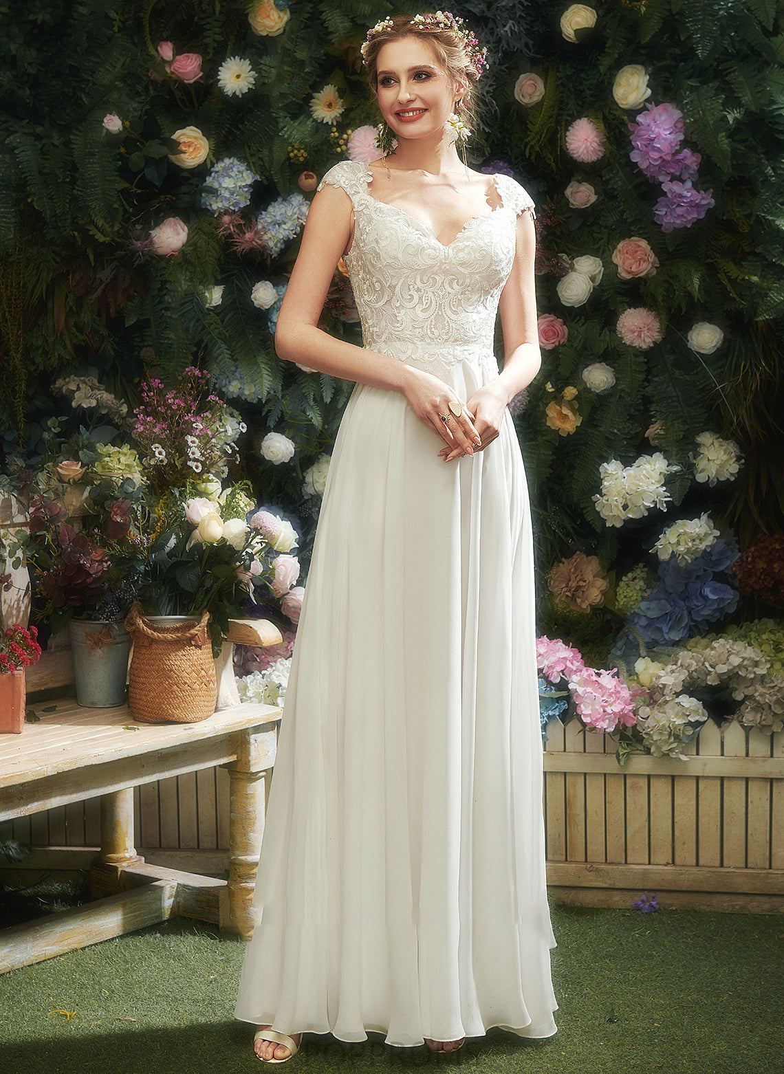 A-Line Wedding Lace V-neck Floor-Length Dress Trudie Wedding Dresses With