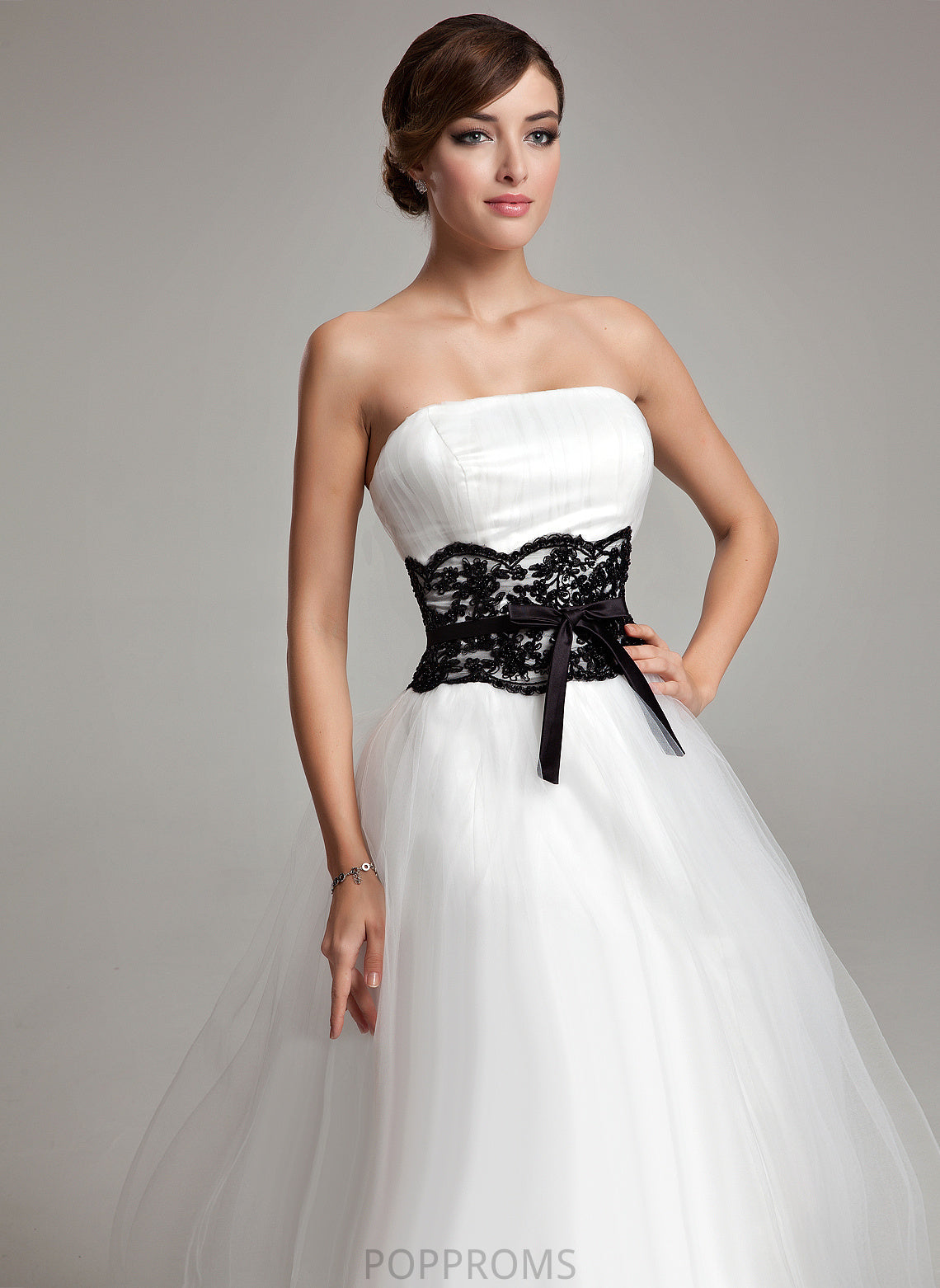 Tea-Length Strapless Ball-Gown/Princess Wedding Beading Dress With Bow(s) Wedding Dresses Lace Sash Sabrina Satin Tulle