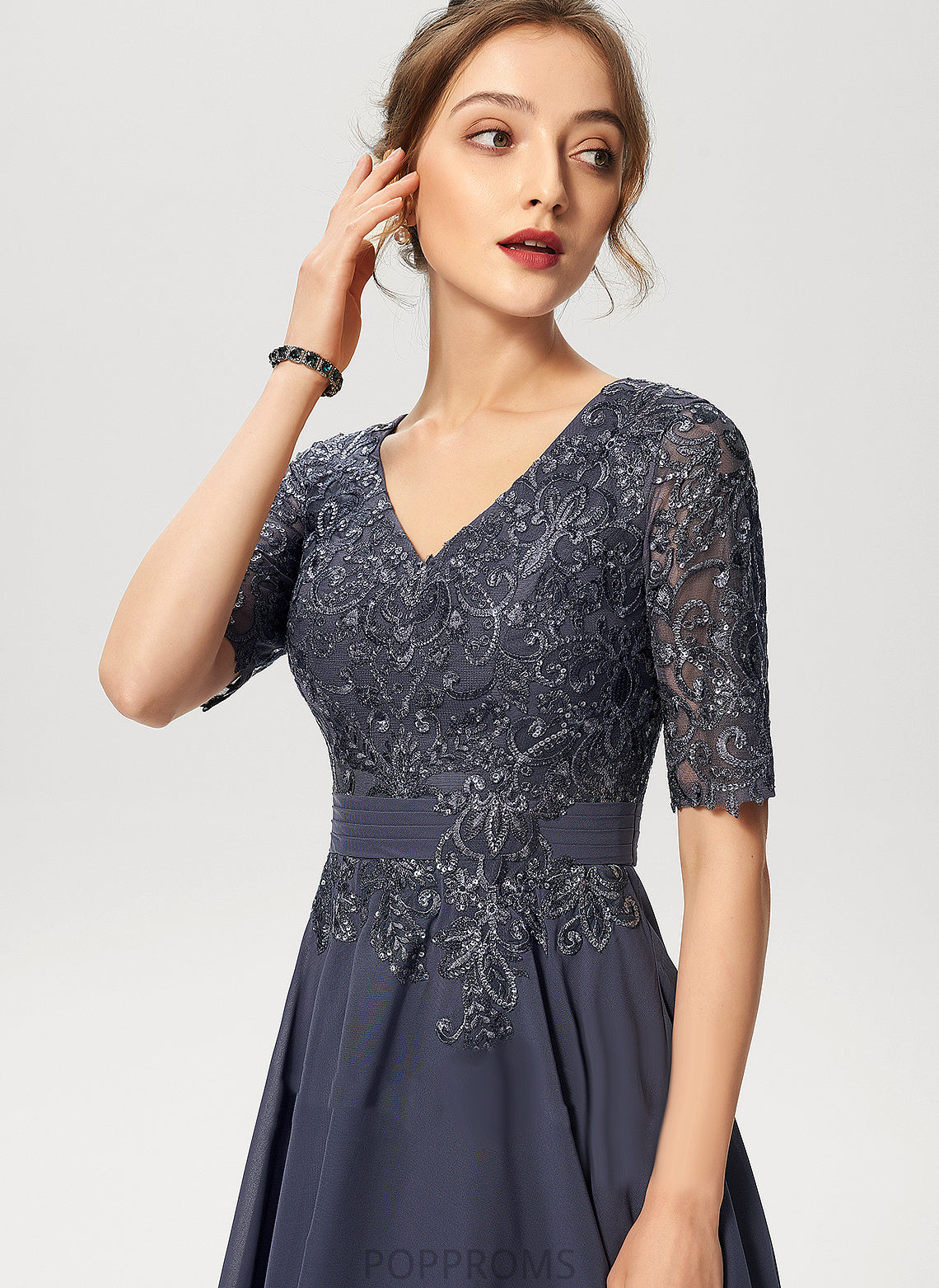 V-neck Dress Sequins Cocktail Cocktail Dresses Knee-Length Chiffon Lace A-Line With Jolie