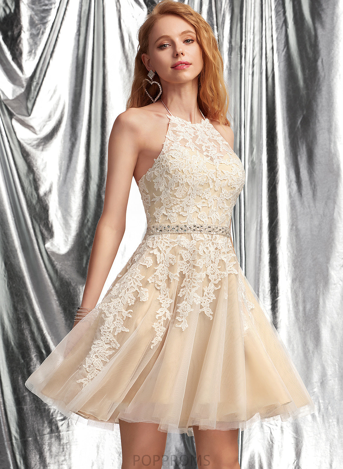 Short/Mini Sequins Cheryl Halter A-Line With Beading Tulle Lace Prom Dresses