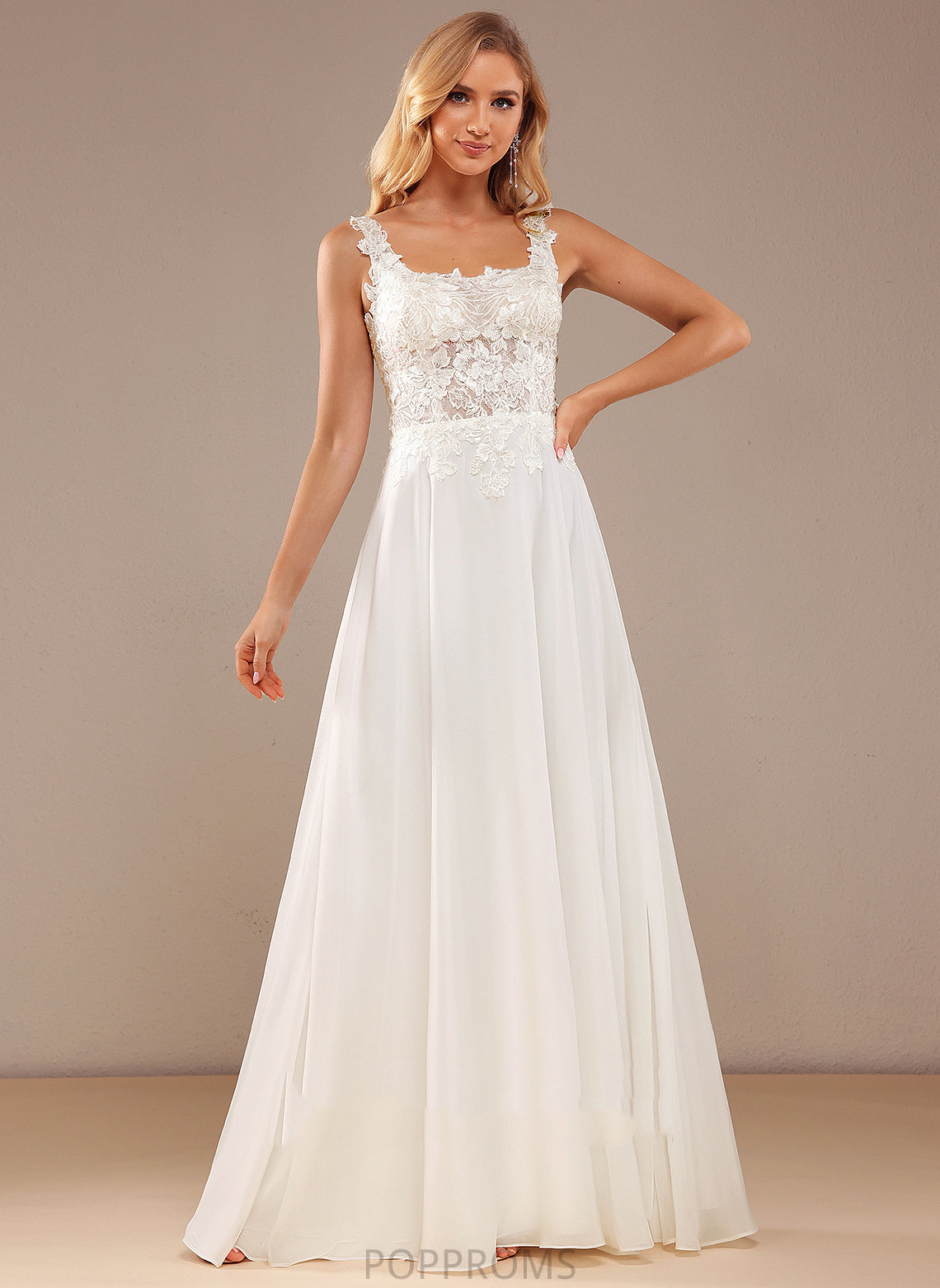 Sequins Chiffon Lace Neckline Floor-Length Wedding Dresses Lace Wedding Square Dress With A-Line Alondra