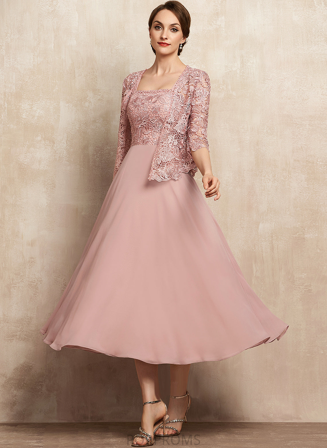 Beading Neckline Tea-Length Dress A-Line of Square With the Chiffon Bride Hillary Lace Mother Mother of the Bride Dresses Sequins