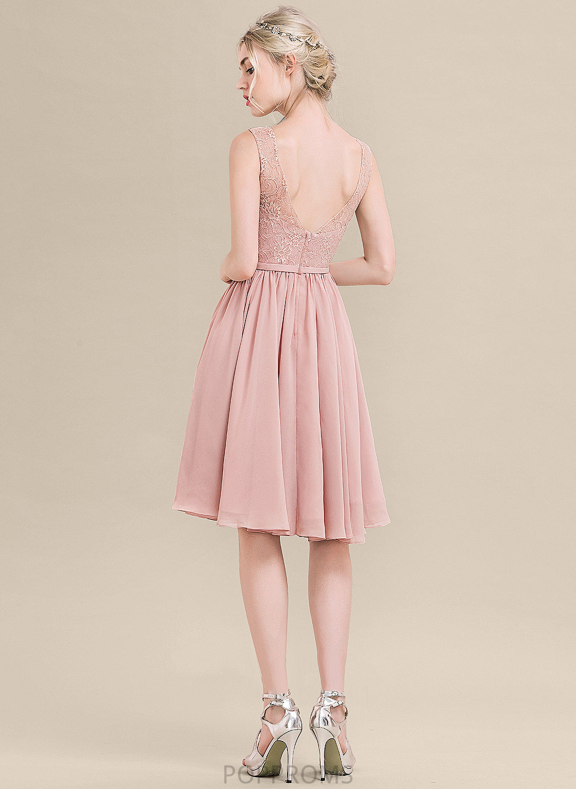 Lace V-neck Lace A-Line Bow(s) Chiffon Dress Lilith Homecoming Dresses Knee-Length With Homecoming