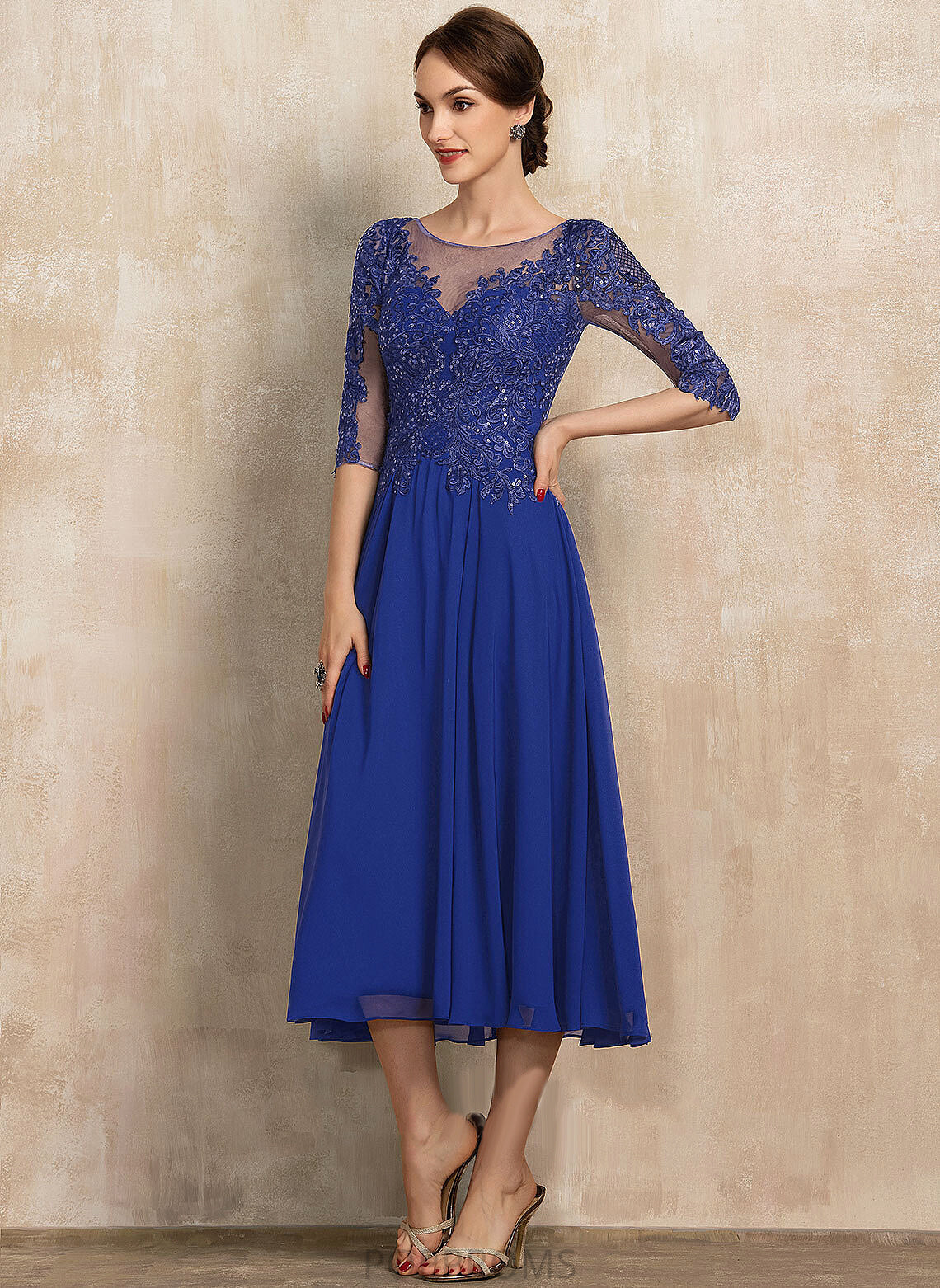 Cocktail Cocktail Dresses Scoop Lace Neck Chiffon Dress Tea-Length Sequins Sasha A-Line With