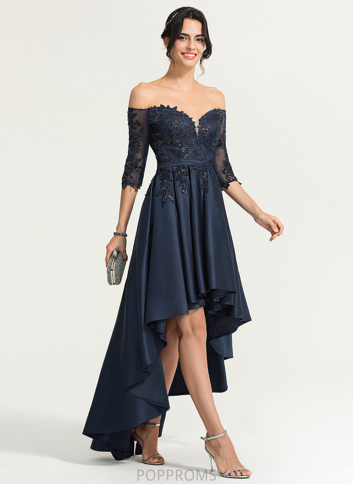 Asymmetrical Sequins Off-the-Shoulder Regina A-Line Lace With Satin Prom Dresses