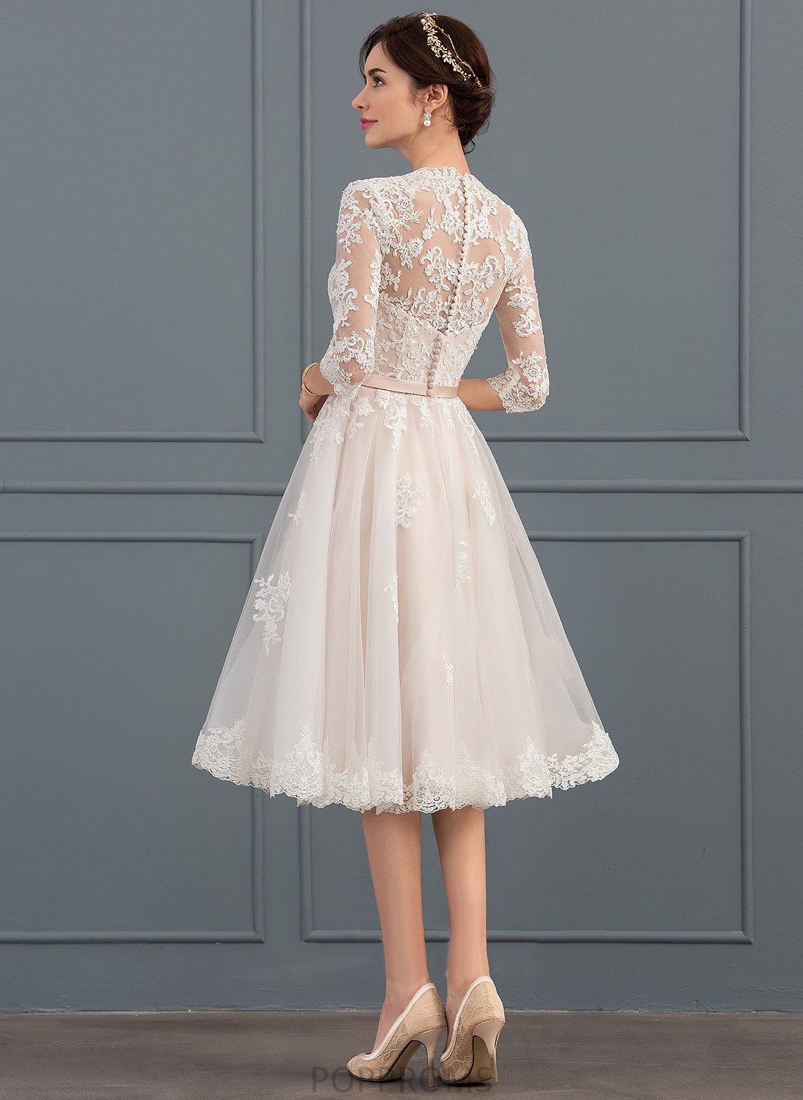 Wedding Dresses Jayda A-Line With Wedding Knee-Length Bow(s) Dress Lace Tulle V-neck