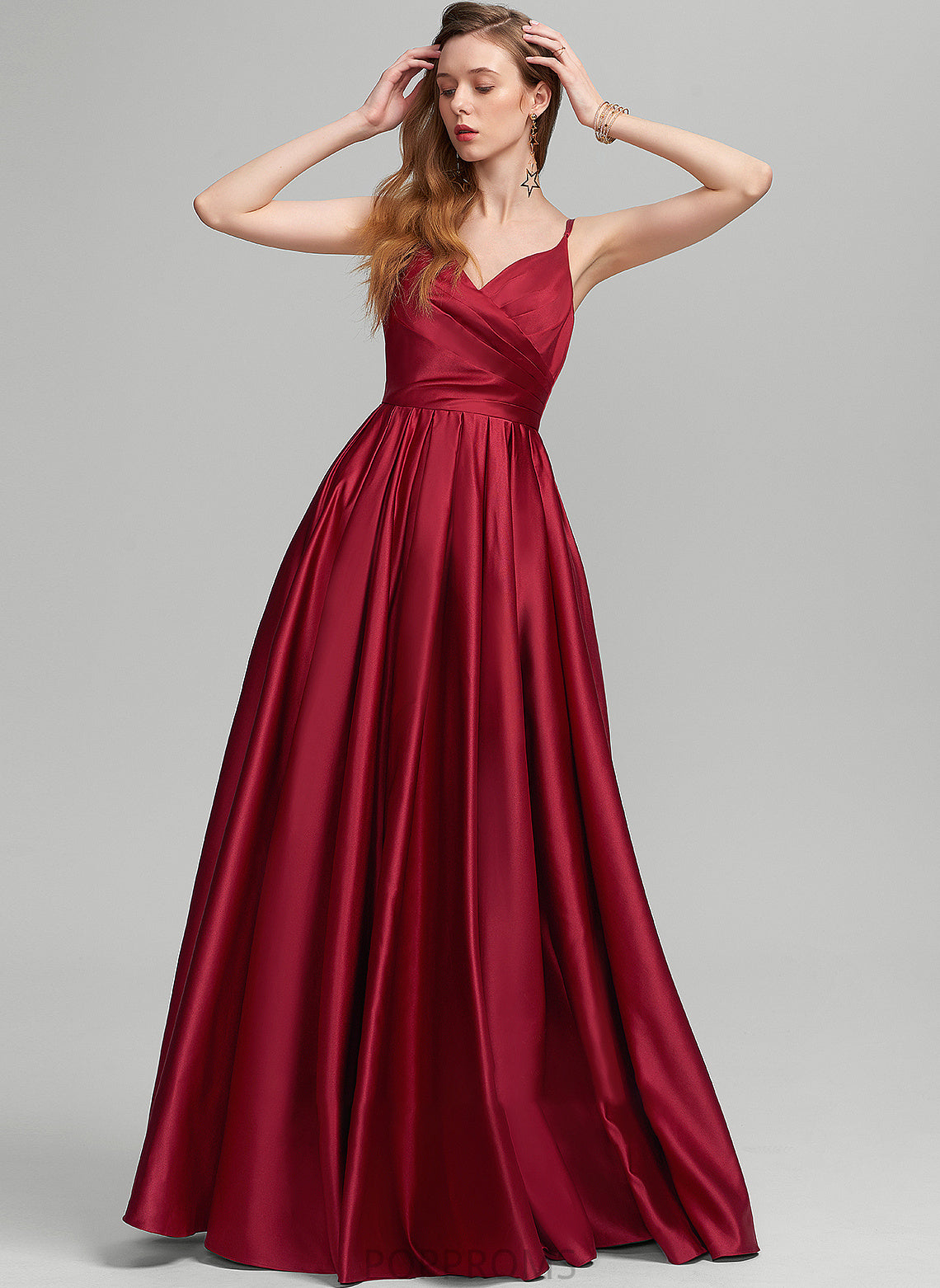 With Pockets Satin A-Line Essence Prom Dresses Ruffle V-neck Floor-Length