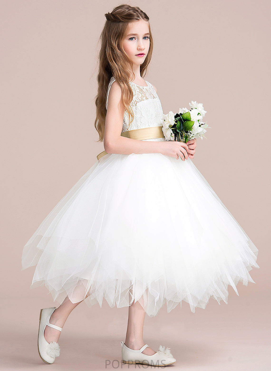 Tulle/Lace Tea-length Helga With A-Line Hole Sash/Back Flower Girl Sleeveless (Detachable Scoop sash) - Dress Neck Flower Girl Dresses