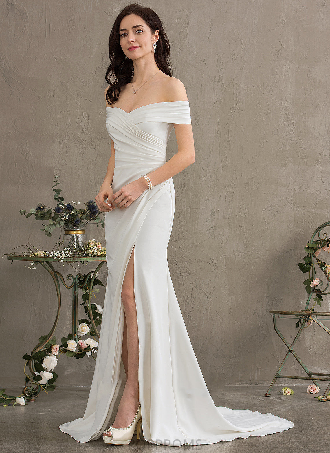 Wedding Dresses Train Front Stretch Split With Ruffle Sheath/Column Wedding Crepe Sweep Dress Abbie Off-the-Shoulder