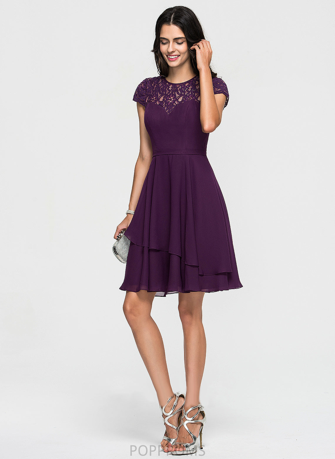 A-Line Knee-Length Ruffles Homecoming Lace Chiffon Homecoming Dresses Cascading With Scoop Neck Dress Carina