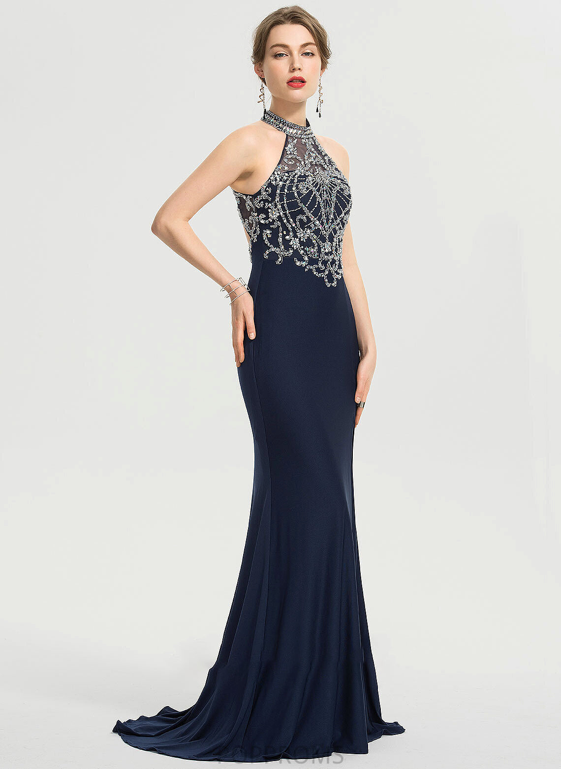 With Jersey Sheath/Column Scoop Neck Split Sequins Tara Train Sweep Prom Dresses Beading Front