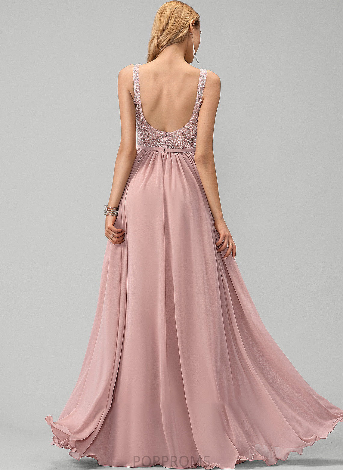 Sequins With Split Monique A-Line Chiffon Floor-Length V-neck Beading Front Prom Dresses