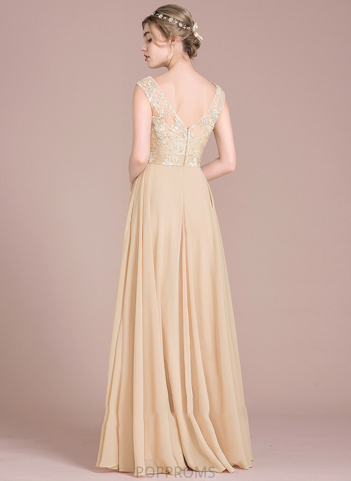 A-Line Floor-Length Lace Prom Dresses Chiffon V-neck Iliana