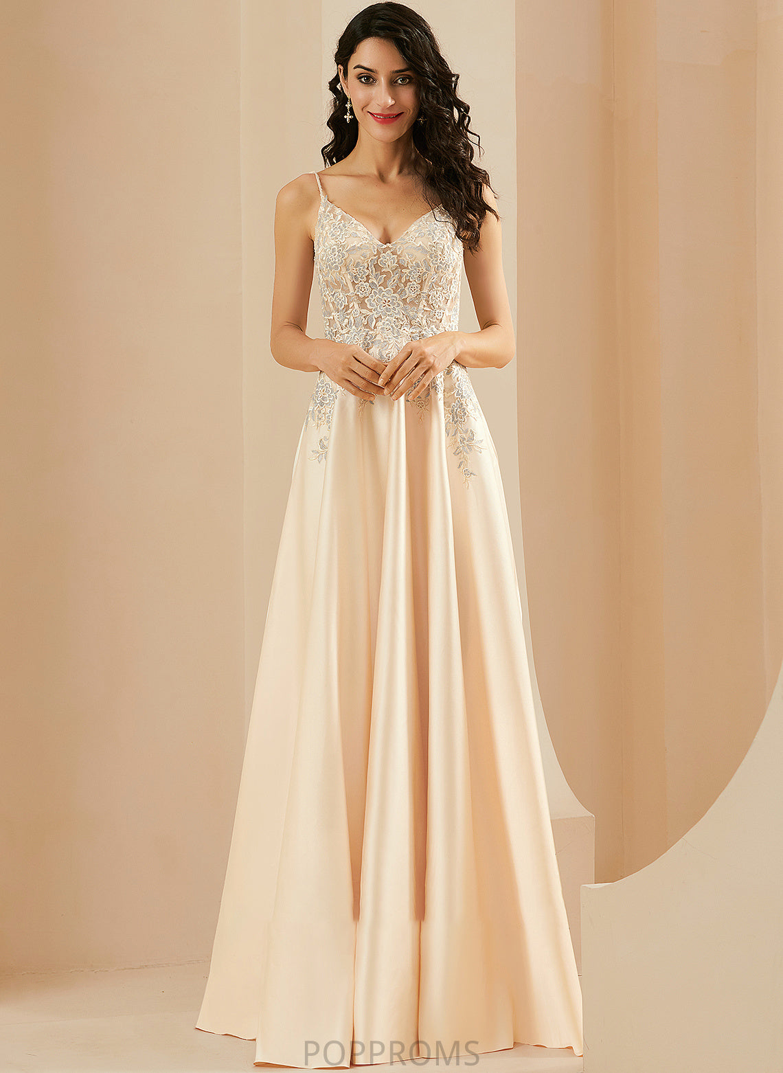 V-neck With Satin Prom Dresses Floor-Length Olga Lace A-Line