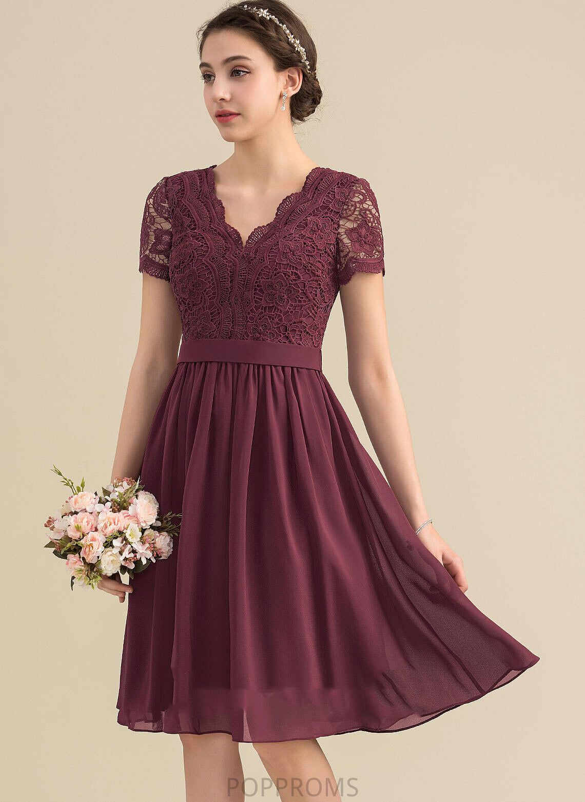 Homecoming Dresses Chiffon Lace A-Line Lace Dress With Homecoming Knee-Length V-neck Eliza