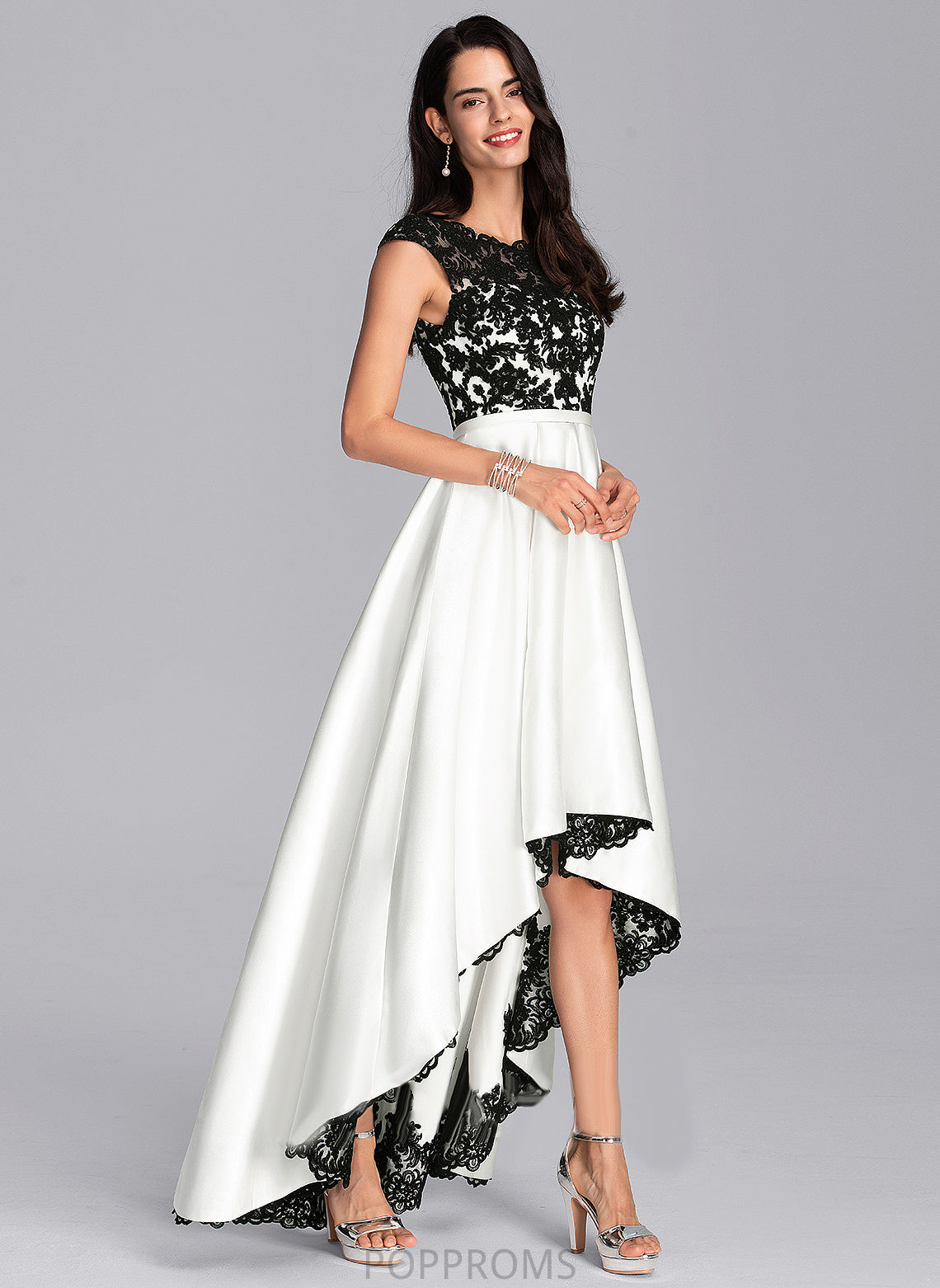 Lace Satin Adrianna Asymmetrical Prom Dresses Scoop Ball-Gown/Princess