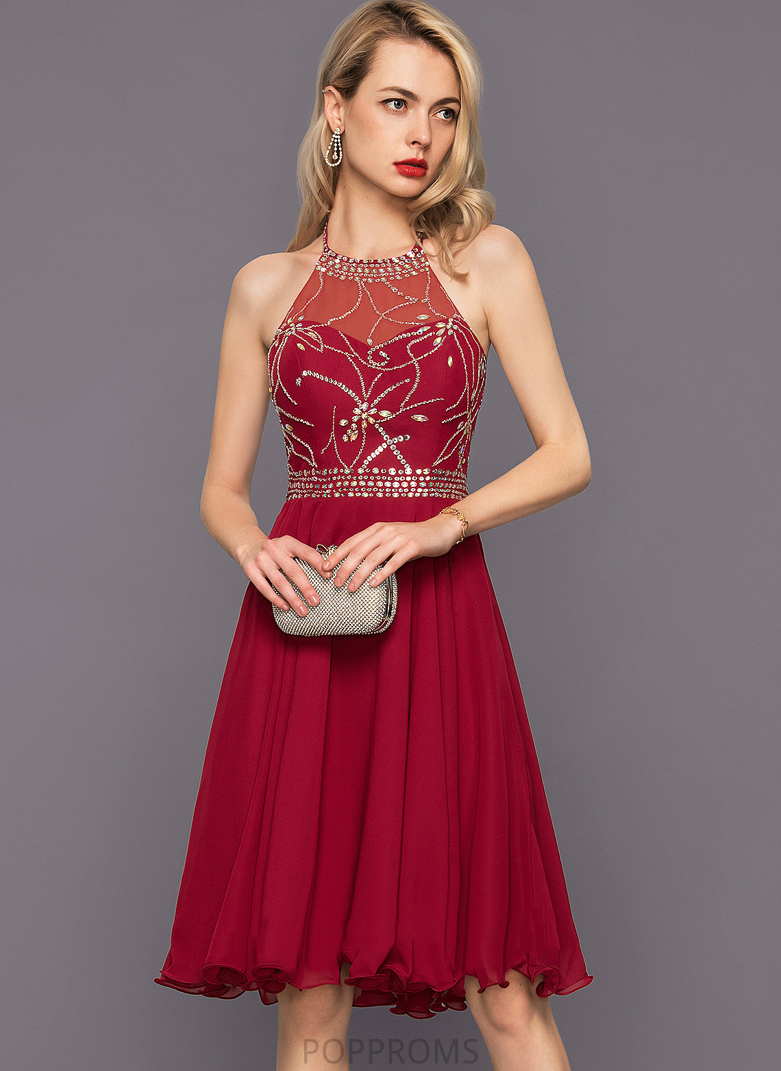 Chiffon Cocktail Beading Halter Cocktail Dresses Sequins Knee-Length Lana With Dress A-Line