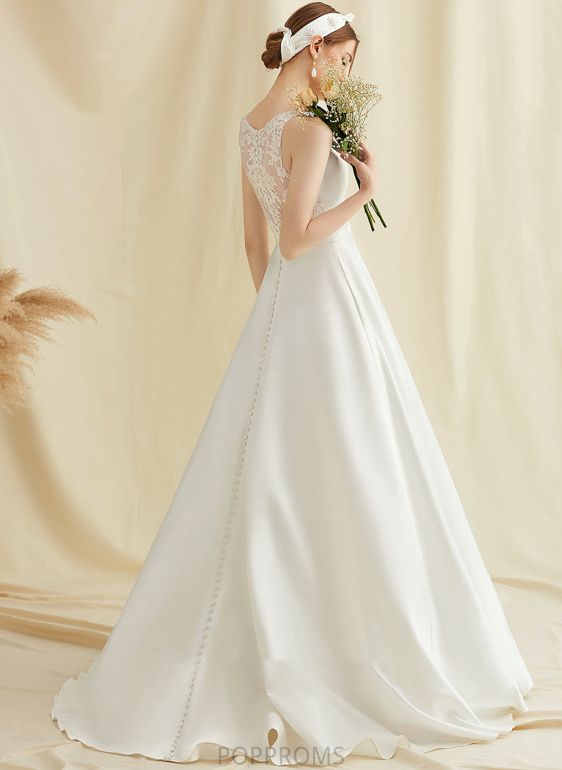 Ball-Gown/Princess Pockets Mylie Dress Satin Train Sweep With Lace Wedding Dresses Wedding V-neck