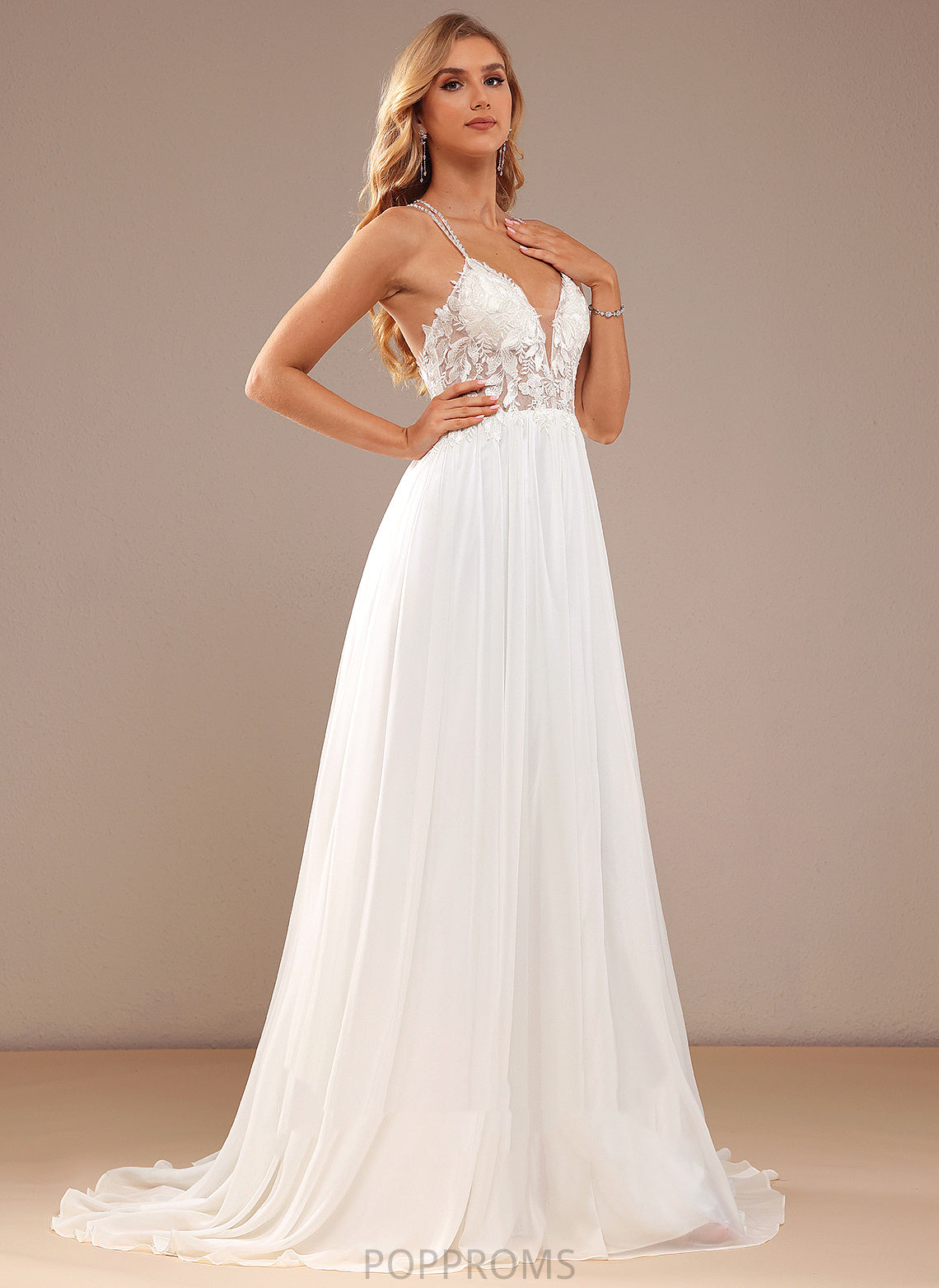 Wedding Dresses Wedding A-Line Dress Lace Train With Beading Camila Sweep Sequins Lace Chiffon V-neck