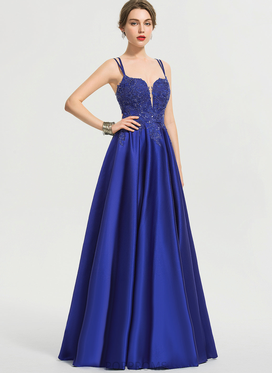 Reyna V-neck Satin Ball-Gown/Princess Lace Prom Dresses Sequins Floor-Length With