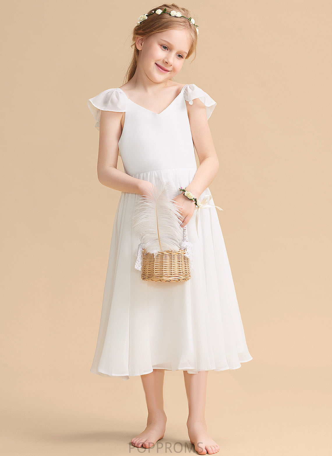 Flower Girl Dresses Sleeveless Chiffon/Satin Tea-length Dress Girl Flower - A-Line V-neck Madilyn